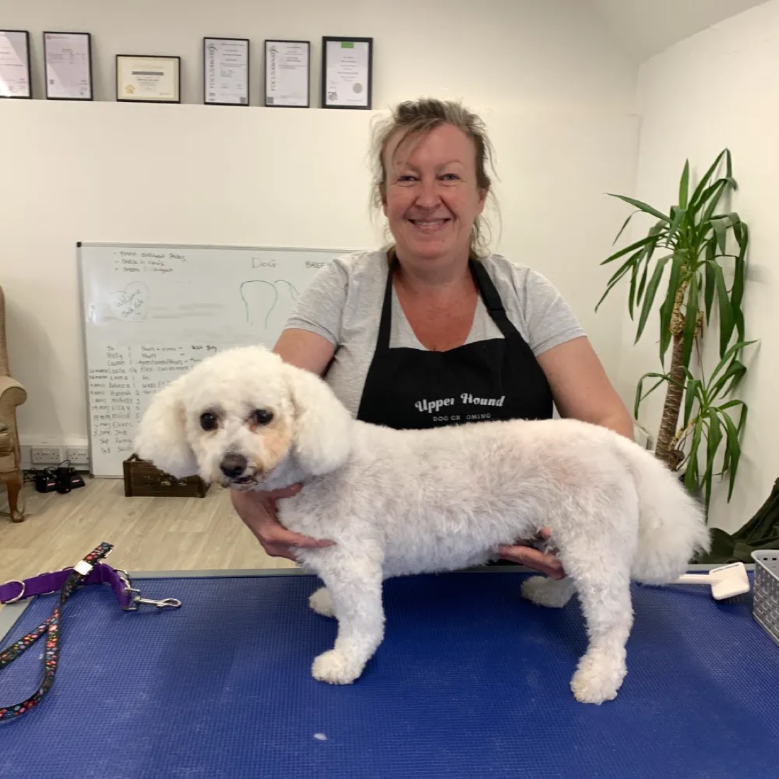 Vicky smiling beside a white poodle